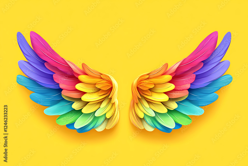 Fototapeta premium Colorful wings made of petals against a vibrant yellow background.