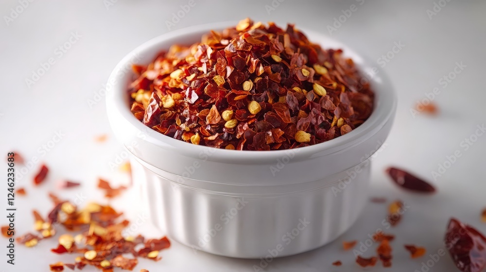 A small white dish filled with red chili flakes, surrounded by scattered flakes. A small white dish filled with red chili flakes, surrounded by scattered flakes.