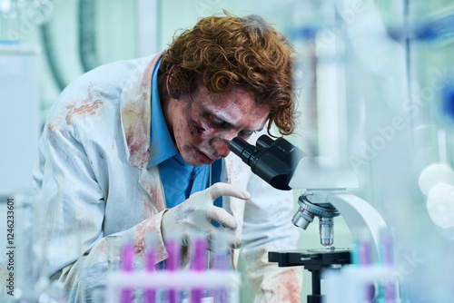 Undead Scientist Using Microscope In Lab photo