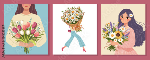 flower bouquets in wrapping and blooming plant hand holding woman Compositions for a florist shop. Chamomile, wild flowers, tulips. Happy holidays. Vector illustration isolated on color background.