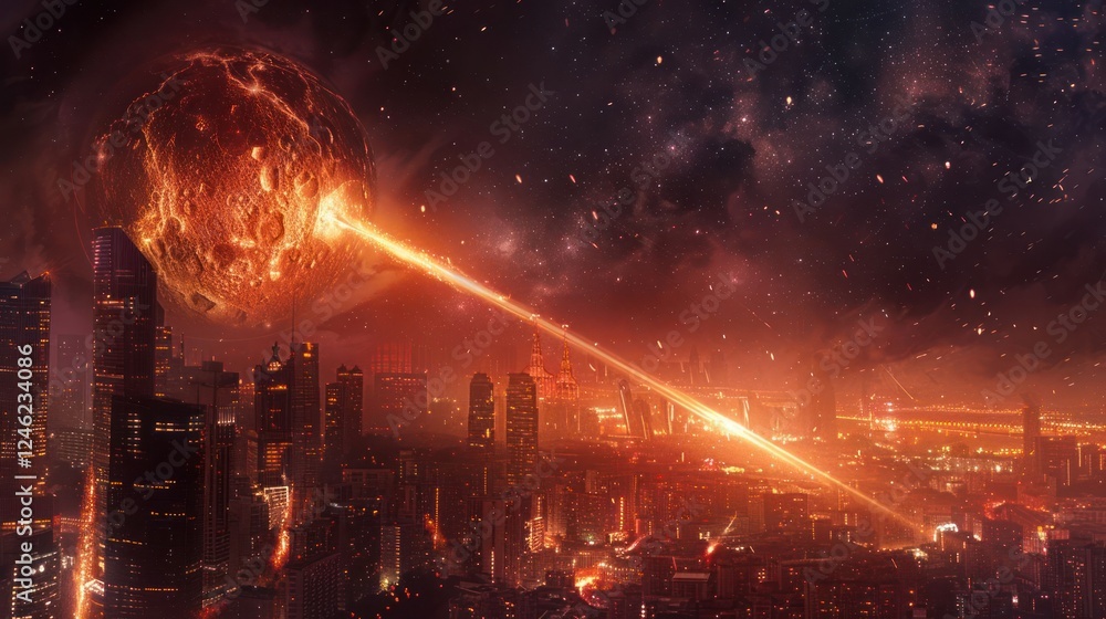 Dramatic scene of a city under attack by a meteor, with fiery destruction and a starry sky Dramatic scene of a city under attack by a meteor, with fiery destruction and a starry sky