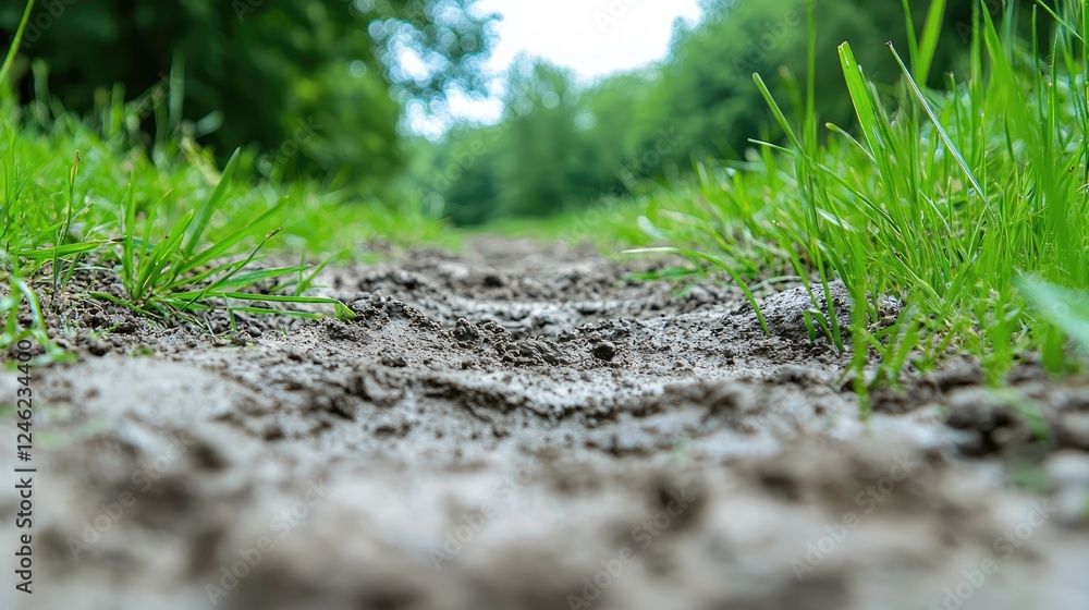 Muddy path through green forest. Nature walk background Muddy path through green forest. Nature walk background