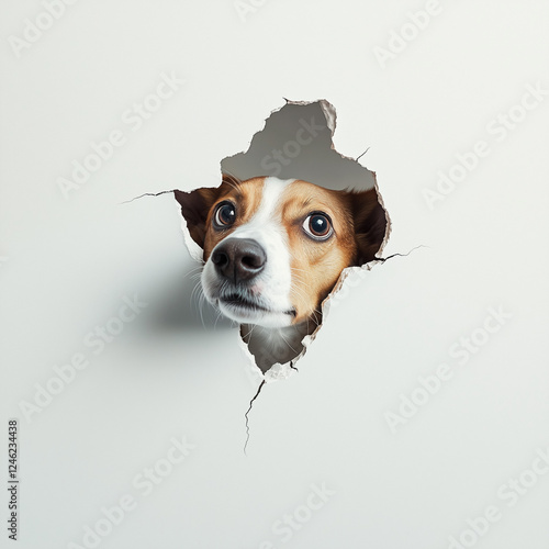Dog peeking through a broken hole in a white wall