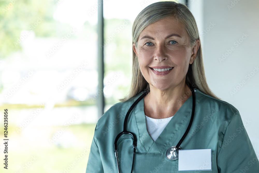 Waist up of a confident mature female doctor in a medical scrubs Waist up of a confident mature female doctor in a medical scrubs