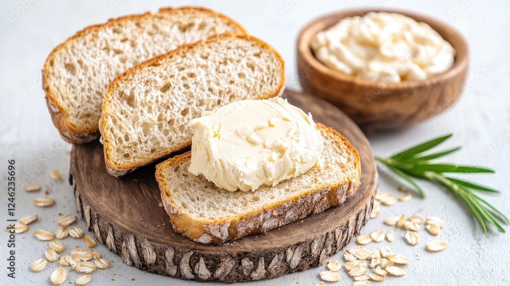 Oat bread with cream cheese, rustic kitchen setting Oat bread with cream cheese, rustic kitchen setting
