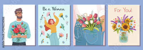 Set of Love, Hug, Beauty, gift concept. Young woman girl cartoon hiding behind the bouquet of flowers. Happy holidays. Vector illustration isolated on color background.