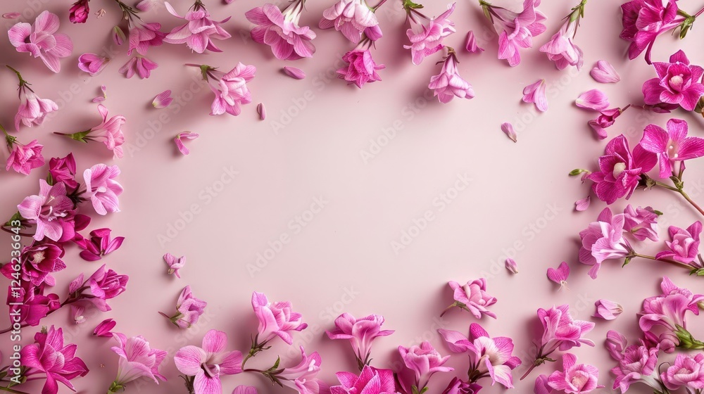 Vibrant arrangement of pink flowers on a soft pink background, ideal for invitations or decor Vibrant arrangement of pink flowers on a soft pink background, ideal for invitations or decor