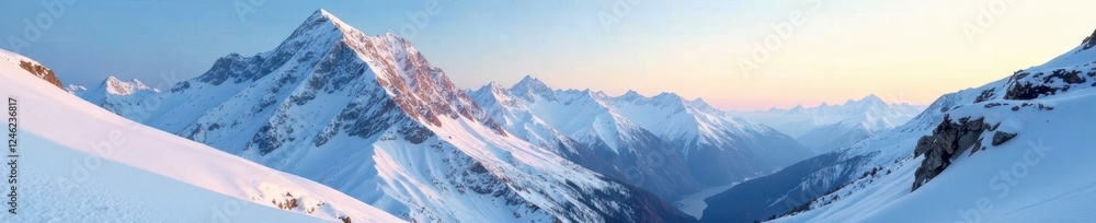 Snow-covered mountains stretch towards the sky, peaceful, mountain Snow-covered mountains stretch towards the sky, peaceful, mountain