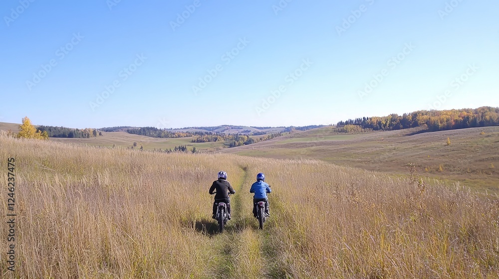 Two boys ride dirt bikes on a trail, autumn countryside background Two boys ride dirt bikes on a trail, autumn countryside background