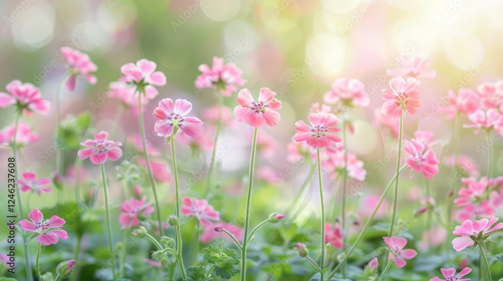 A vibrant field of delicate pink flowers swaying gently in the sunlight, creating a serene atmosphere A vibrant field of delicate pink flowers swaying gently in the sunlight, creating a serene atmosphere