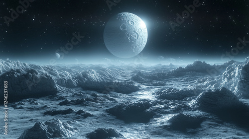 Alien Planet Landscape Cold Mountains Night Sky Moon Art Icy Space Stars Rocks World Scene Cosmic   