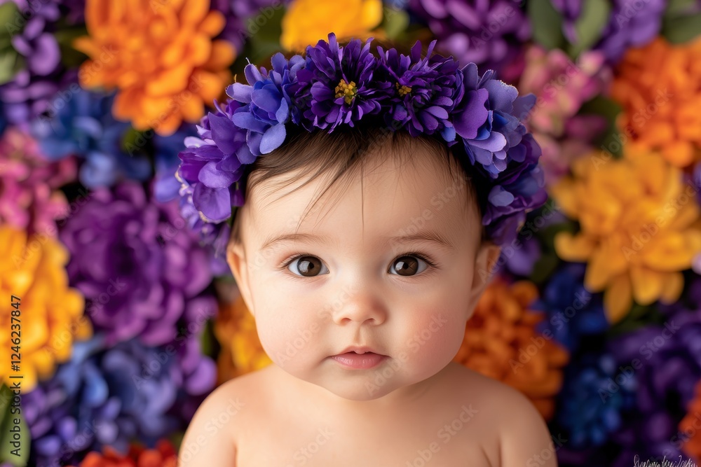 Adorable Baby Girl with Violet Flower Crown Against Colorful Floral Background Adorable Baby Girl with Violet Flower Crown Against Colorful Floral Background