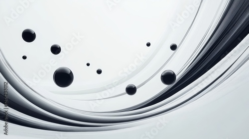 Black pearls fly in space. Matte sphere randomly scattered. 3d balls are falling - render illustration. Abstract trendy stylish wallpaper background. Advertising presentation banner with copy space