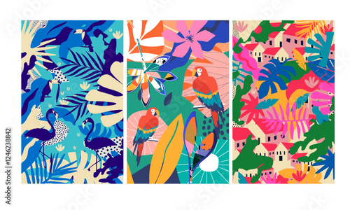 Colorful flowers and leaves poster background vector illustration. Exotic plants, branches, flowers and leaves art print for beauty, fashion and natural products, spa and wellness, wedding and events	
