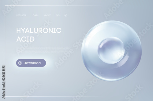 Hyaluronic acid molecule skincare, transparent liquid bubble on soft gray gradient background. Hydration and Beauty concept for Cosmetics, Dermatology, and Anti aging product promotion.