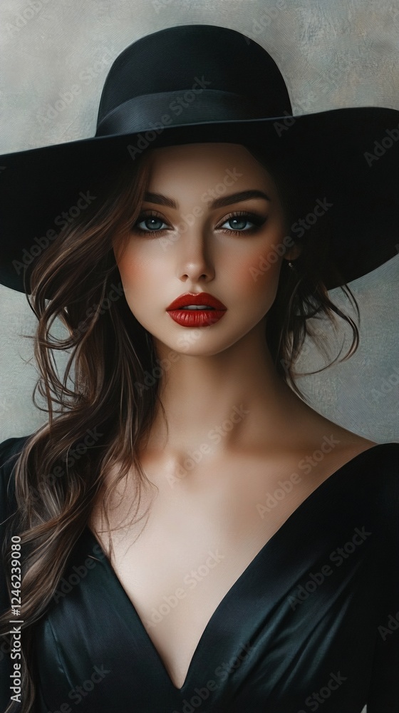 A woman with long brown hair wearing a black wide-brimmed hat and a low-cut black top. A woman with long brown hair wearing a black wide-brimmed hat and a low-cut black top.