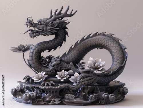 Silver statue of a Chinese dragon with flowers on a white background