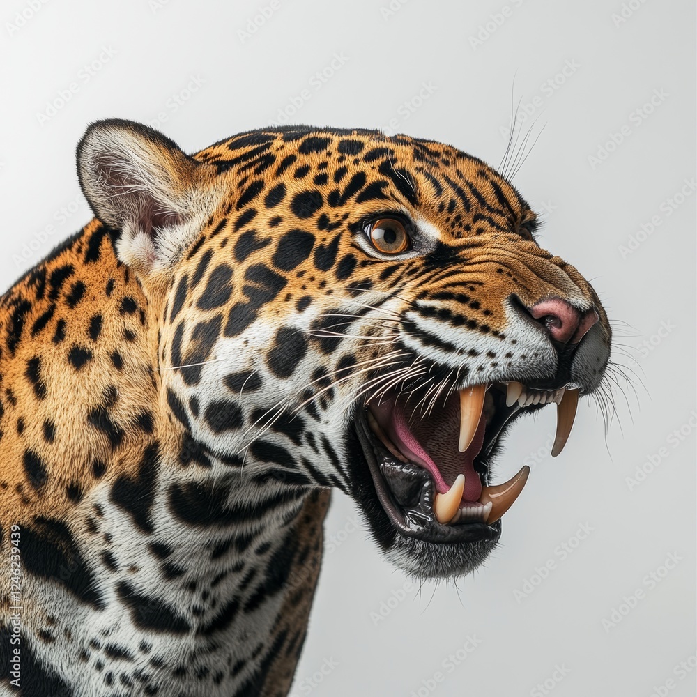 Obraz premium Full-body angry jaguar looking to the side on a white background