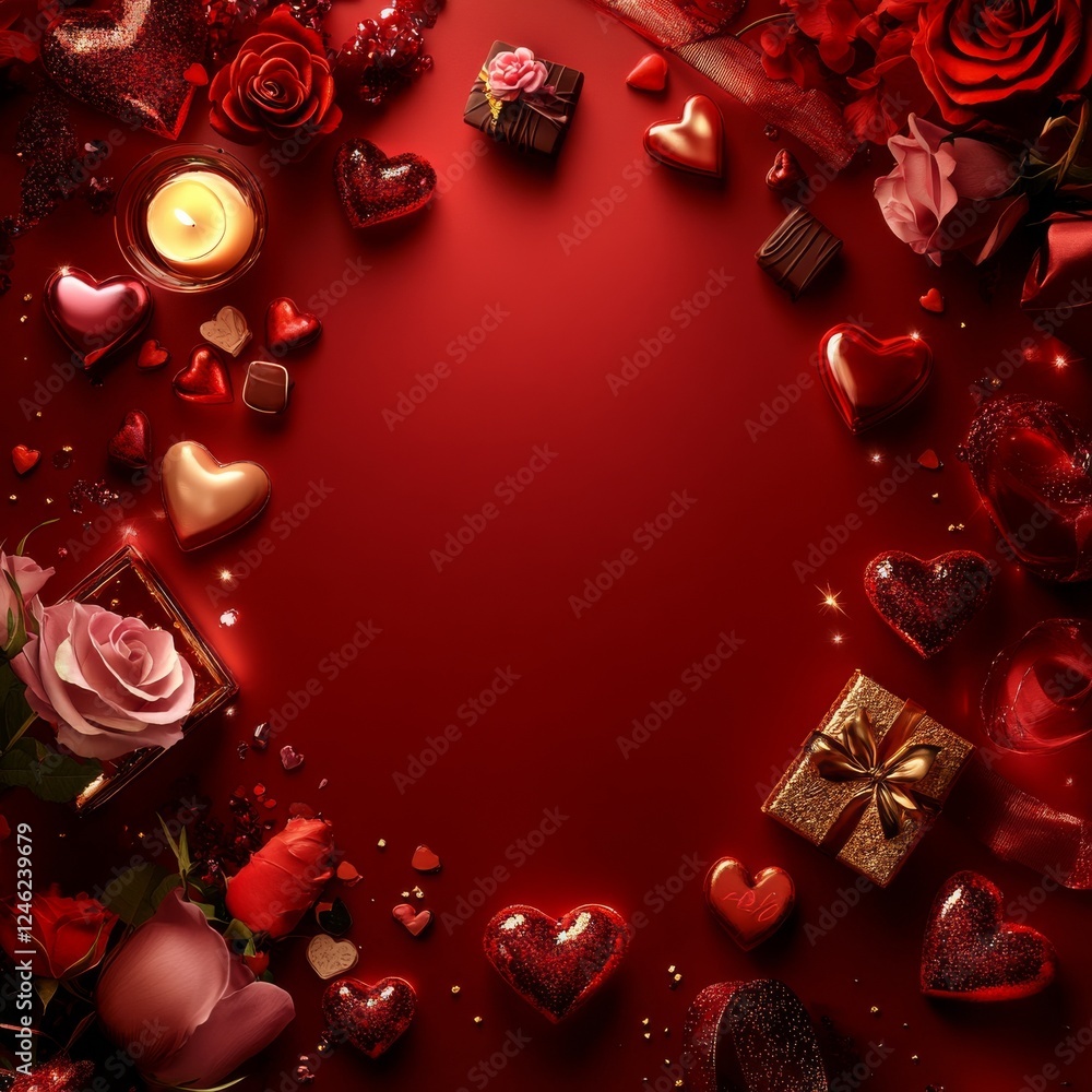 Romantic Valentine's Day scene with hearts, roses, chocolates, and candlelight on red Romantic Valentine's Day scene with hearts, roses, chocolates, and candlelight on red
