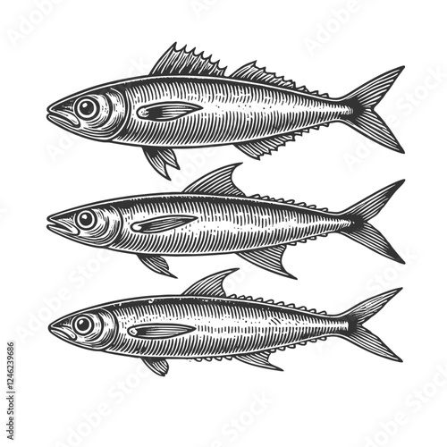 Three anchovy Fish engraving vector illustration