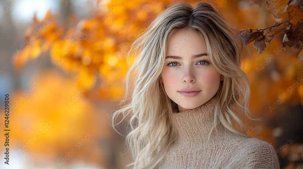 Naklejka premium Beautiful Blonde Woman Autumn Fashion Portrait Golden Leaves hair girl fall model style image light 