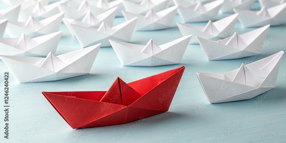 Red Paper Ship Moving Against White Paper Ships – Business Innovation and Leadership Concept Red Paper Ship Moving Against White Paper Ships – Business Innovation and Leadership Concept