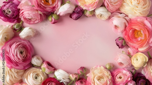 A vibrant arrangement of colorful ranunculus flowers framing a soft pink background, perfect for invitations