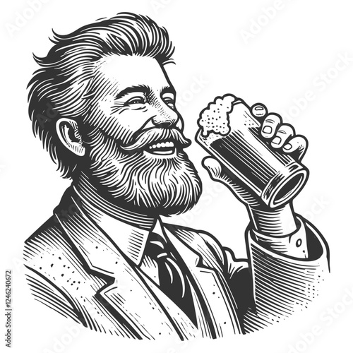 Gentleman Enjoying Beer engraving vector