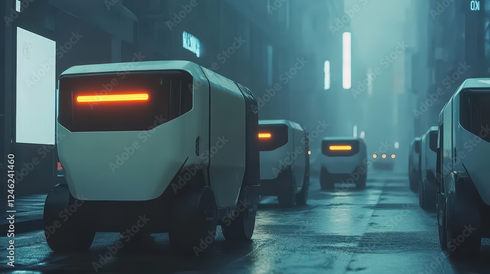 Naklejka premium AIdriven robotic fleet handling lastmile delivery in an urban environment