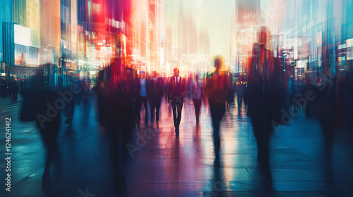 A futuristic city street with a fast-moving blurred crowd walking under neon lights creating a dreamlike and energetic atmosphere  
