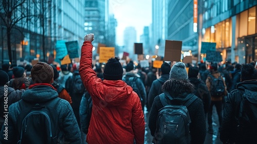 A crowd of people walking down a city street holding signs and participating in a protest. photo