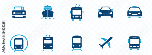 Transport icons set. Car, bus, train, ship, plane, taxi, subway, tram and trolleybus. Public, travel and delivery transport icons. Vector