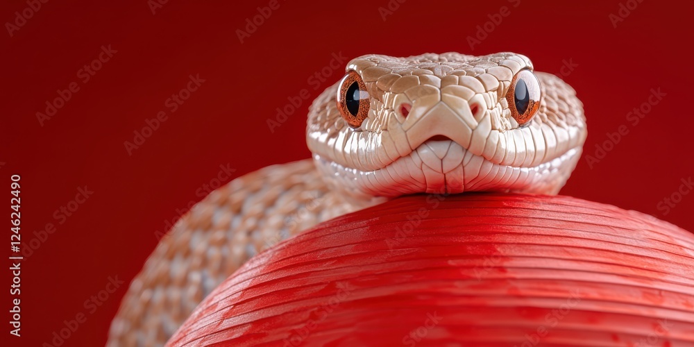 Fototapeta premium A detailed snake sculpture poised on a shiny red lantern conveys the vibrancy and mystique of Chinese New Year with striking presence.