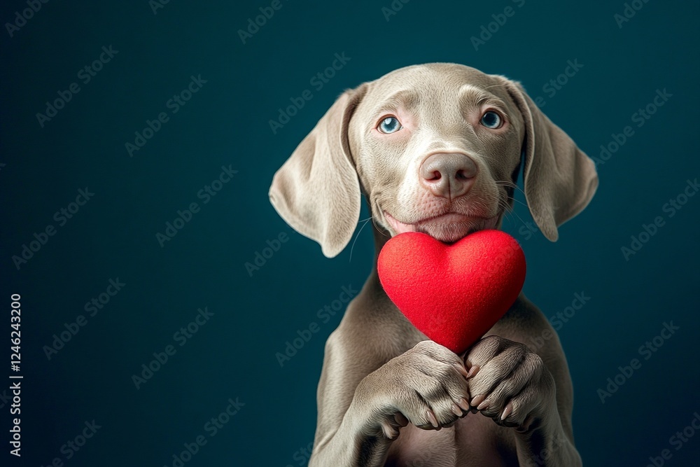 Weimaraner - my beloved dog. Digital ads idea. Cute weimaraner dog with critter toy red heart - emblem of love, funny greeting card. Love and joy with pets. Adorable valentine's day animals. Weimaraner - my beloved dog. Digital ads idea. Cute weimaraner dog with critter toy red heart - emblem of love, funny greeting card. Love and joy with pets. Adorable valentine's day animals.