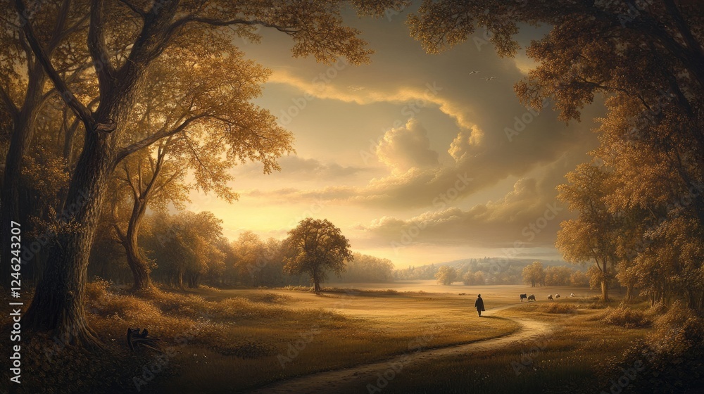 Obraz premium A peaceful meadow with a golden sunset with a lone figure walking down a grassy path, framed by golden light and silhouetted trees. The dramatic sky and tranquil scenery evoke serenity and reflection.