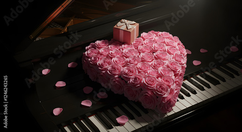 Heart made of pink rose petals on a black grand piano, a gift box photo