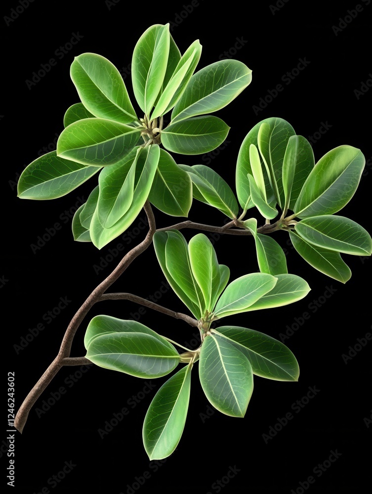 Fototapeta premium Green leaves of adenium branch isolated on black background