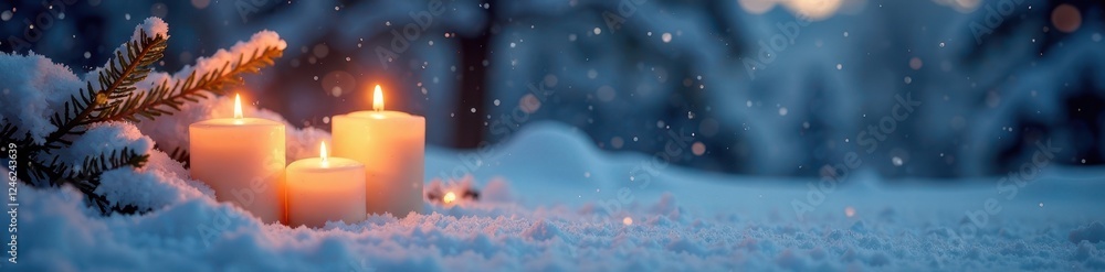 Softly glowing candles illuminate a snow-covered winter landscape, nature, landscapes, peaceful Softly glowing candles illuminate a snow-covered winter landscape, nature, landscapes, peaceful