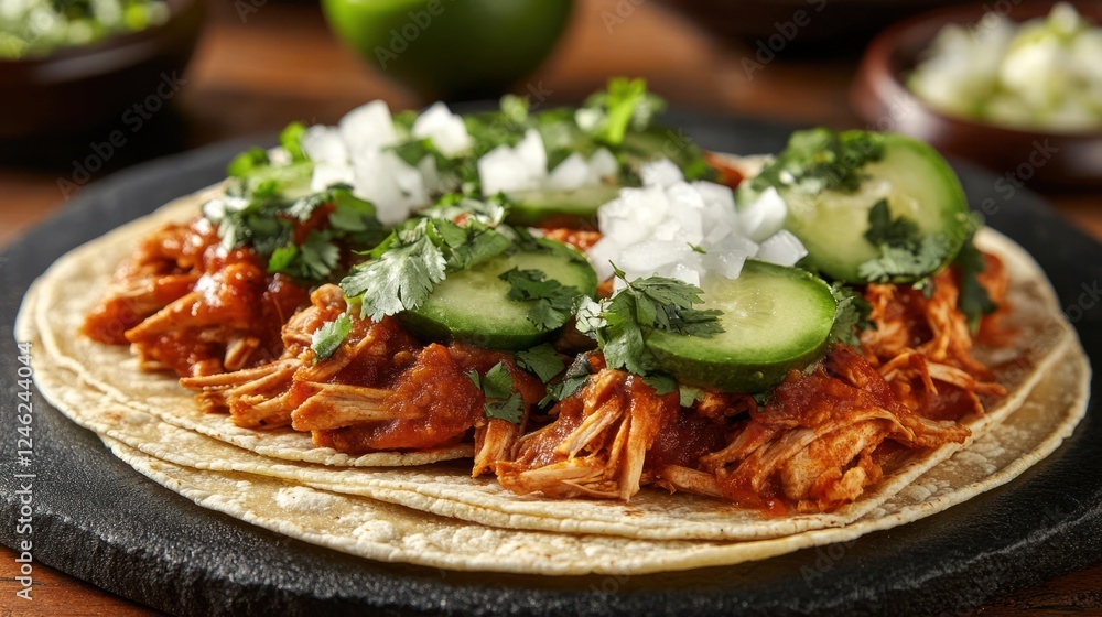 Delicious shredded chicken tacos with cilantro, cucumber, and onion. Delicious shredded chicken tacos with cilantro, cucumber, and onion.