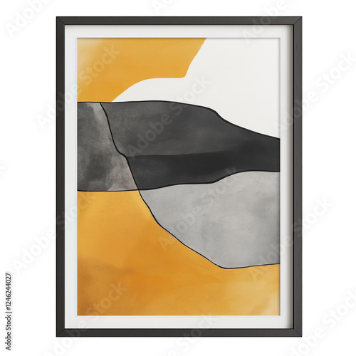 Frame with abstract art print in earthy ochre and charcoal isolated on transparent white background