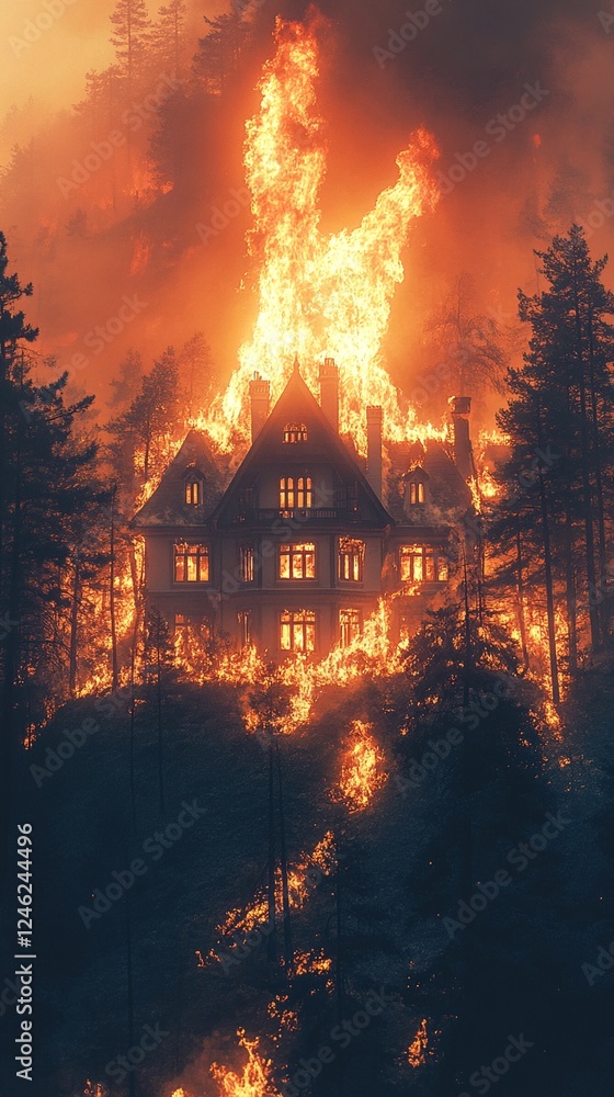 A large house is engulfed in flames amidst a forest of trees. A large house is engulfed in flames amidst a forest of trees.