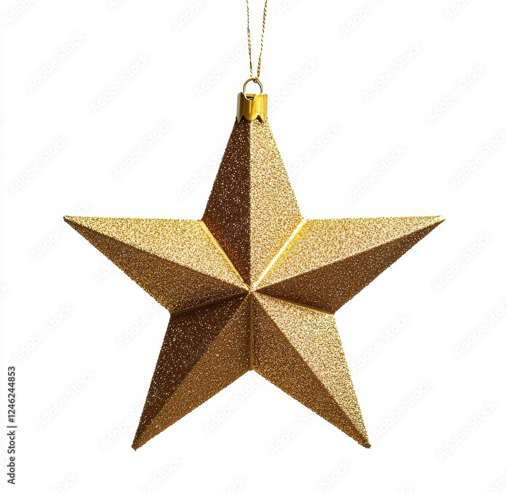 Gold star ornament hanging, white background, Christmas decor Gold star ornament hanging, white background, Christmas decor