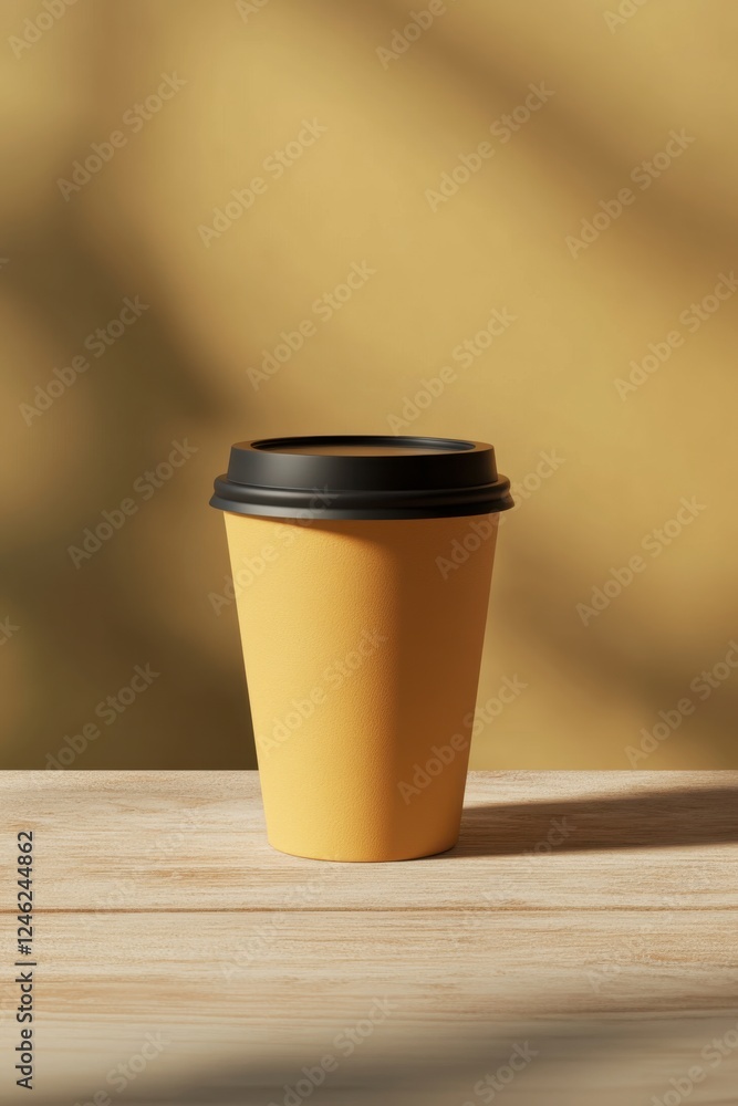 Warm coffee cup resting on rustic wooden surface bathed in soft, neutral light for a cozy ambiance Warm coffee cup resting on rustic wooden surface bathed in soft, neutral light for a cozy ambiance