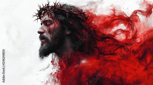 jesus christ with crown of thorns and flames digital watercolor painting