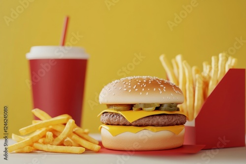 Delicious Double Cheese Burger with Fries and Drink photo