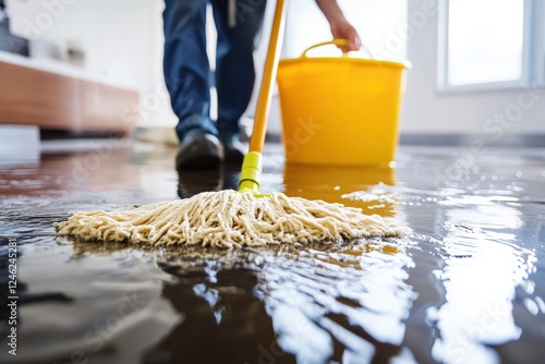 Homeowner cleans up water leak with mop and bucket during daytime. Generative AI