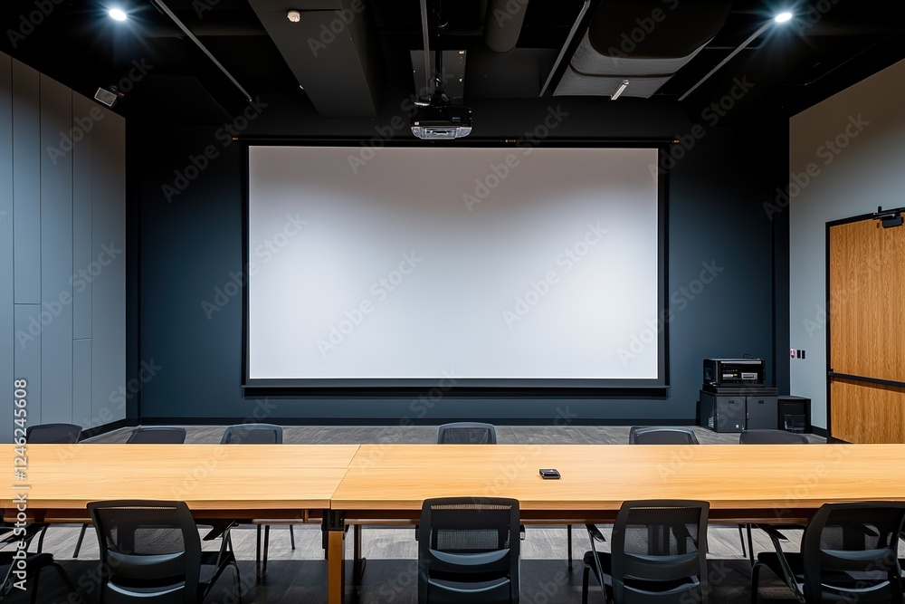 Modern Meeting Room with Blank Screen, Ideal for Presentations Modern Meeting Room with Blank Screen, Ideal for Presentations