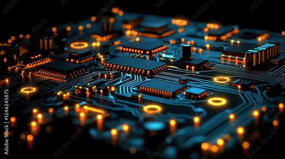 Close-up of illuminated circuit board. Close-up of illuminated circuit board.
