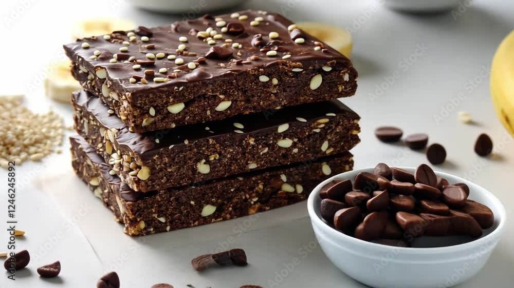 Chocolate Quinoa Bars: A close-up of four chocolate quinoa bars stacked on top of each other, featuring a generous amount of chocolate chips and sesame seeds on top, surrounded by more ingredients. Chocolate Quinoa Bars: A close-up of four chocolate quinoa bars stacked on top of each other, featuring a generous amount of chocolate chips and sesame seeds on top, surrounded by more ingredients.
