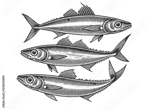 Three anchovy Fish engraving vector illustration